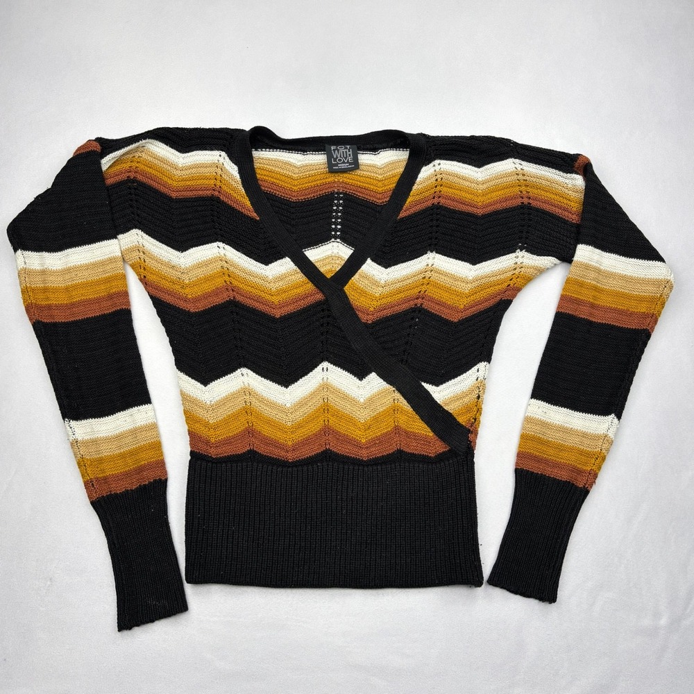 FCT With Love Womens Medium Chevron Striped Wrap Sweater Knit Black Rust Yellow